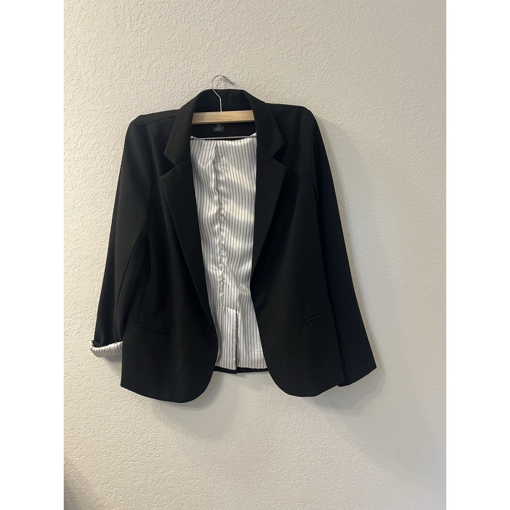 Aqua‎ Women's Black Blazer Jacket Lined Striped Interior Classic Open Front Sz S
